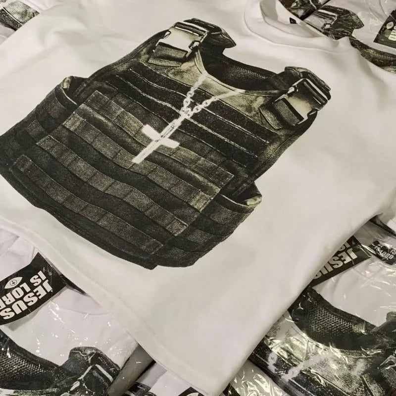 Retro style printed cotton t-shirt with drop-shoulder sleeves and a colourful graphic design.