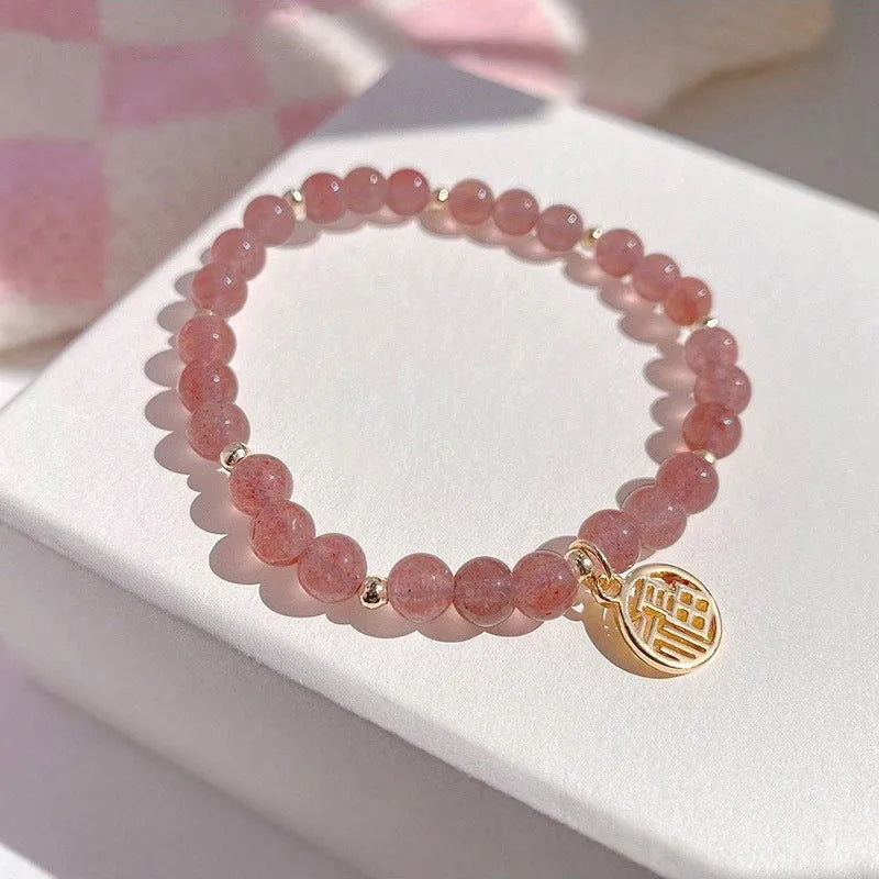 Strawberry quartz blessing card bracelet with clear glass and red gemstones