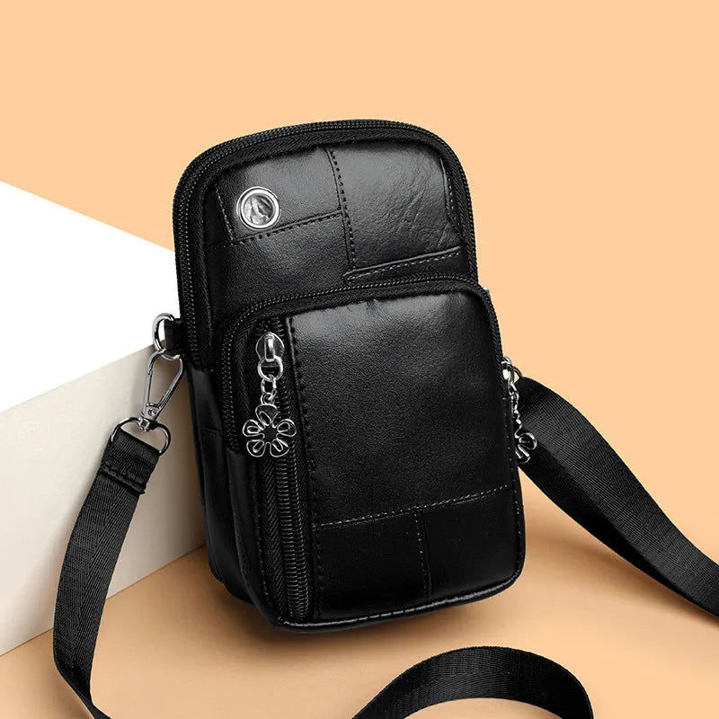 Vertical mini phone bag in square shape with sandwich pocket, shown in brown colour option