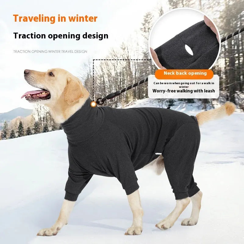Dark grey polar fleece dog clothes with high collar and four-legged design for winter warmth
