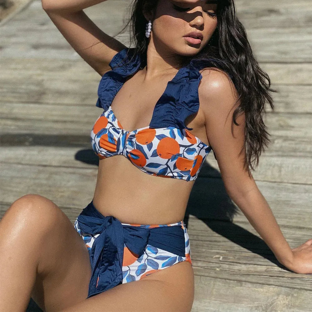 Women's blue leaf orange floral print high waist bikini swimsuit with briefs styling
