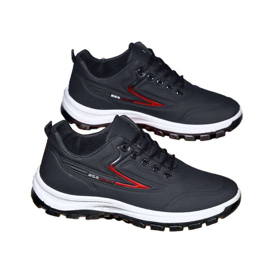 Black and red waterproof leisure shoes with soft plastic sole and lace-up front