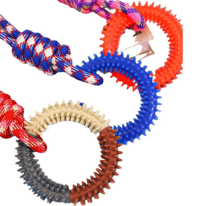 Blue braided rope dog toy with multiple knots measuring 43 cm in length