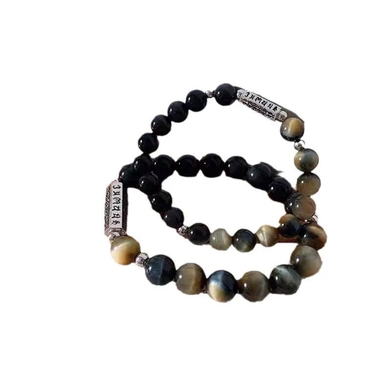 Sterling silver couple bracelet with tigereye obsidian gemstones and six words mantra design.