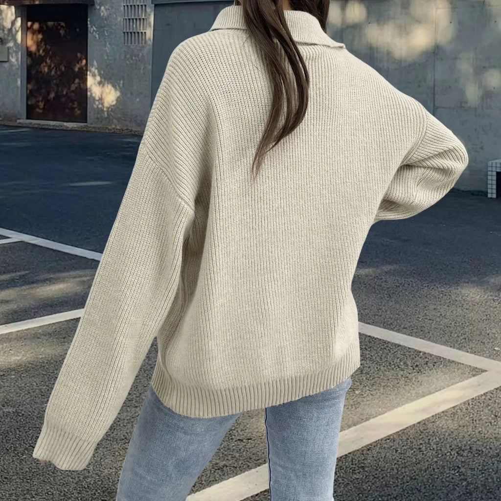 Women's alpaca wool blend pullover with oblique zipper and loose lapels in light khaki colour