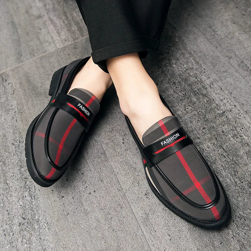 Men's pointed toe formal business shoes in dark grey red with PU and cloth upper and rubber sole, low top