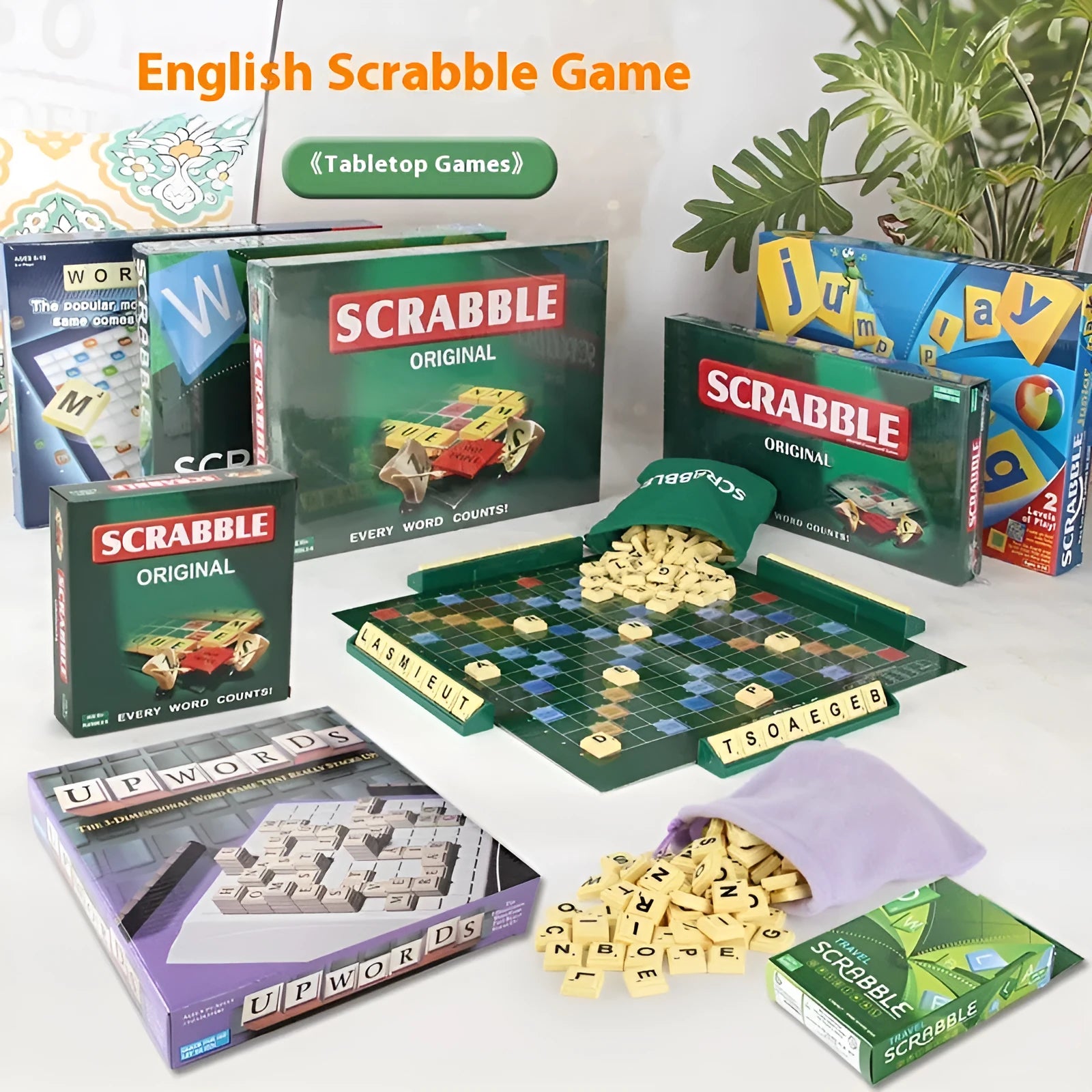 Scrabble English board game with paper chessboard and plastic tiles in colour 6680E