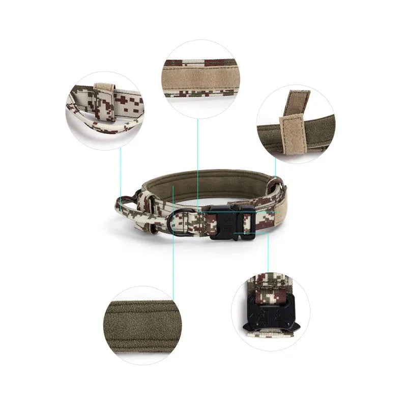 Adjustable military tactical dog collar in nylon webbing with metal buckle, 3.8cm wide, available in multiple colours and sizes