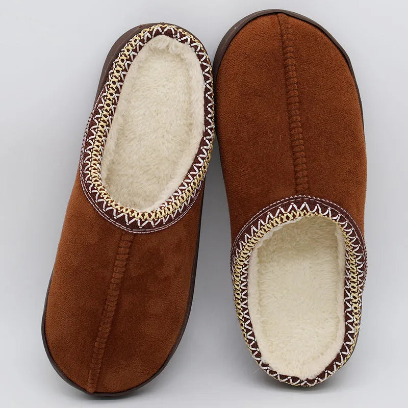 Pair of winter indoor slippers with thick 3cm PVC sole and warm artificial velboa lining, shown in black, coffee, gray and pink.
