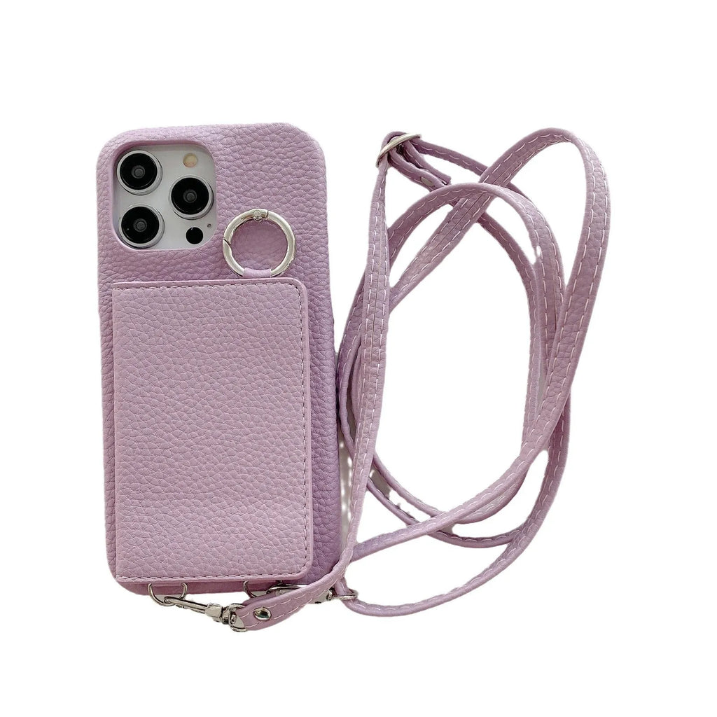 Lychee pattern frosted imitation leather lanyard phone case with beauty mirror and card slots