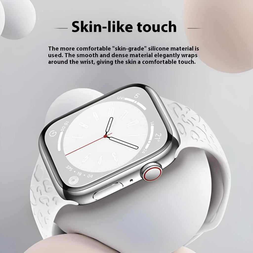 Leopard print silicone watch strap with 8-word buckle for Apple Watch 38mm to 49mm case sizes