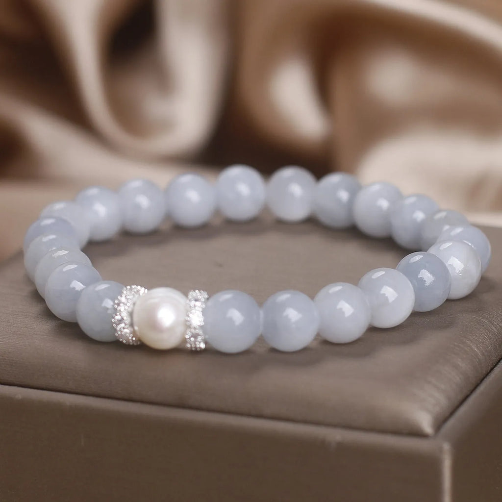 Natural aquamarine bracelet with white sweet clear gemstones and navy blue sapphire pearl accent, women's national style jewellery