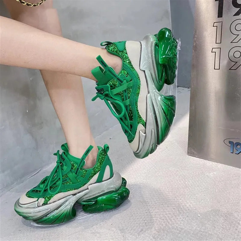 Women's leather casual sports shoes with a thick jelly sole and cross-tie design in multiple colours.