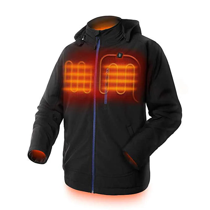 Black men's USB winter waterproof coat with straight hem and long sleeves