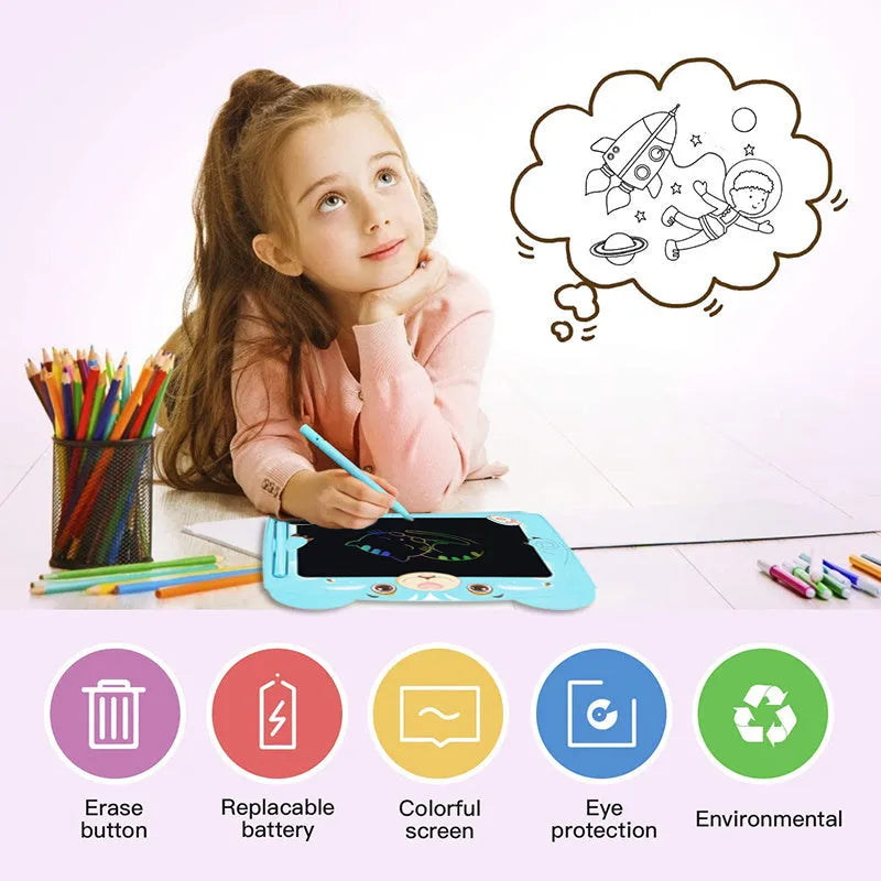 Cute bear cartoon LCD drawing board in sky blue colour on a table with stylus.