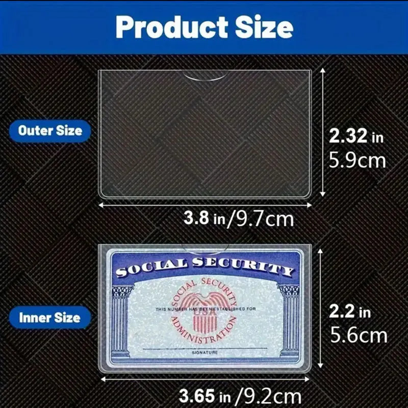 Clear PVC social security card holder measuring 9.7 by 5.9 centimetres, showing an ID card inside.