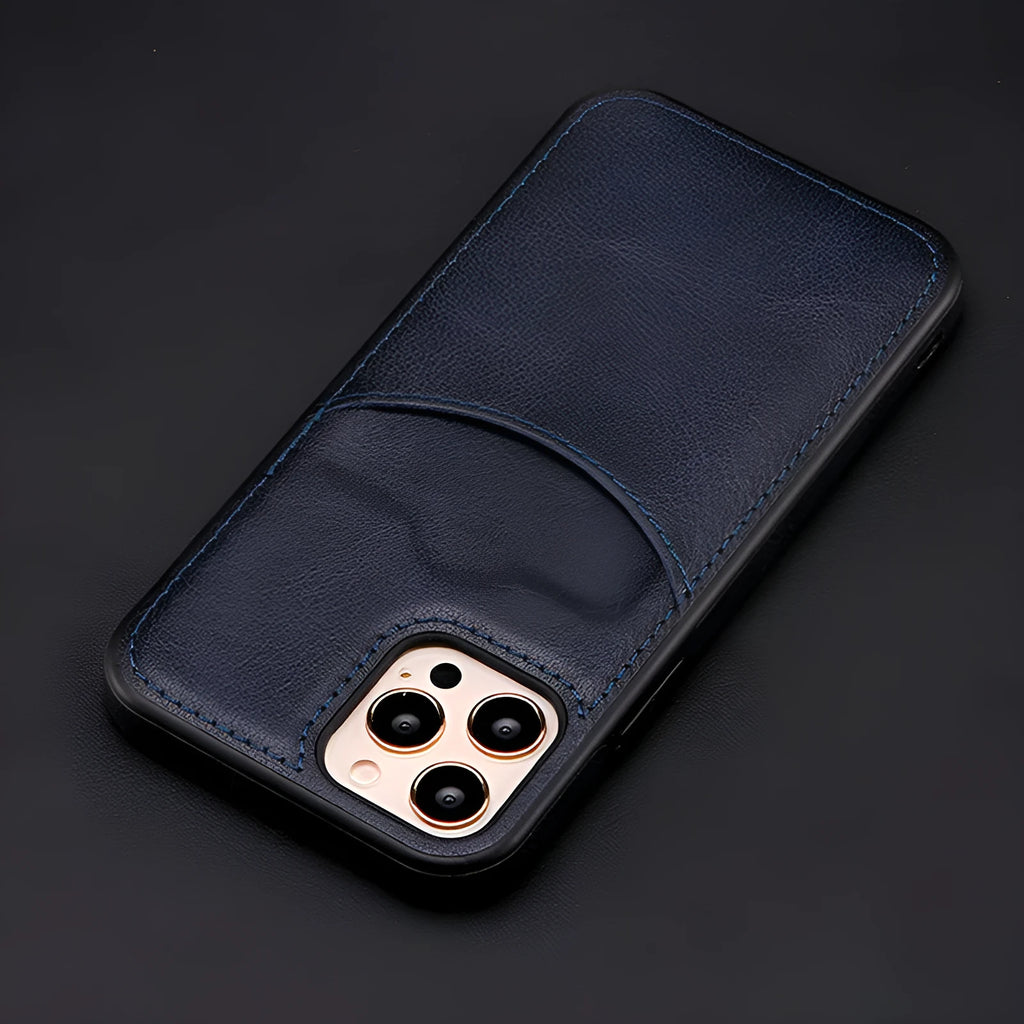 Dark blue PU leather protective case for iPhone, shown fitting multiple models.