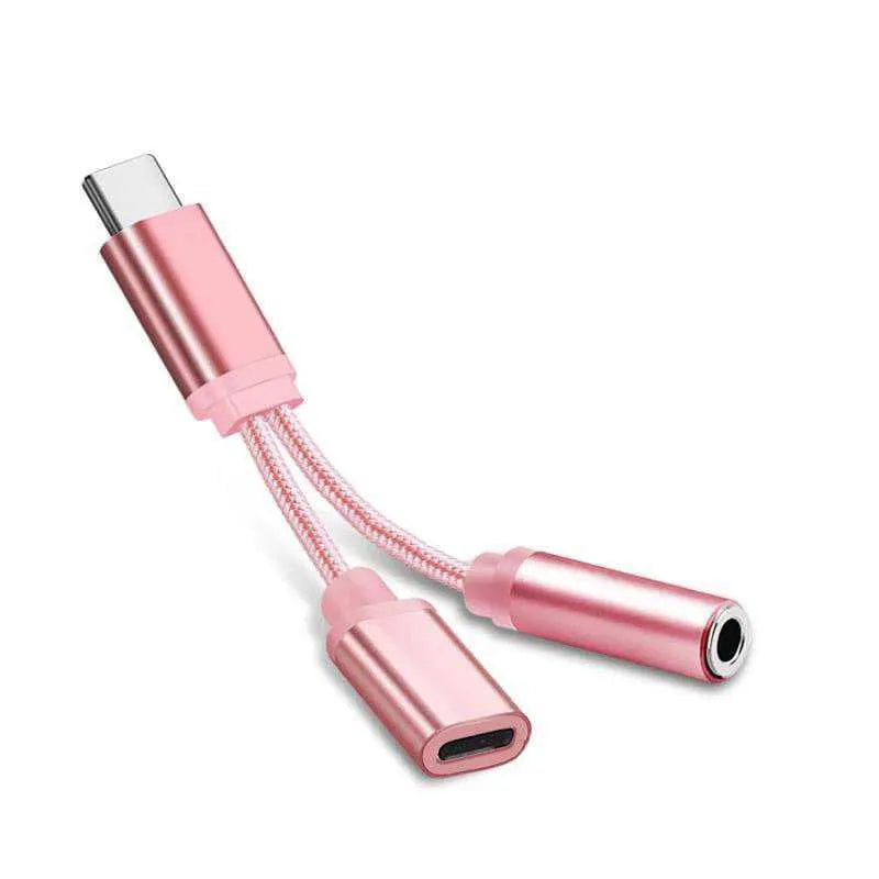 USB-C to 3.5mm headphone adapter cable in black with Type-C connector on one end and audio jack on the other