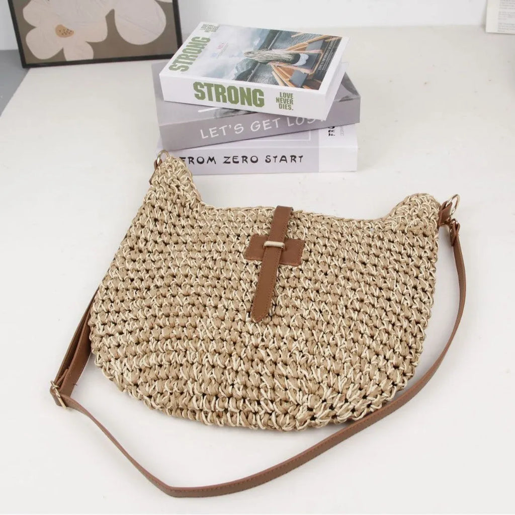 Beige handmade woven shoulder bag with sandwich pocket and long strap