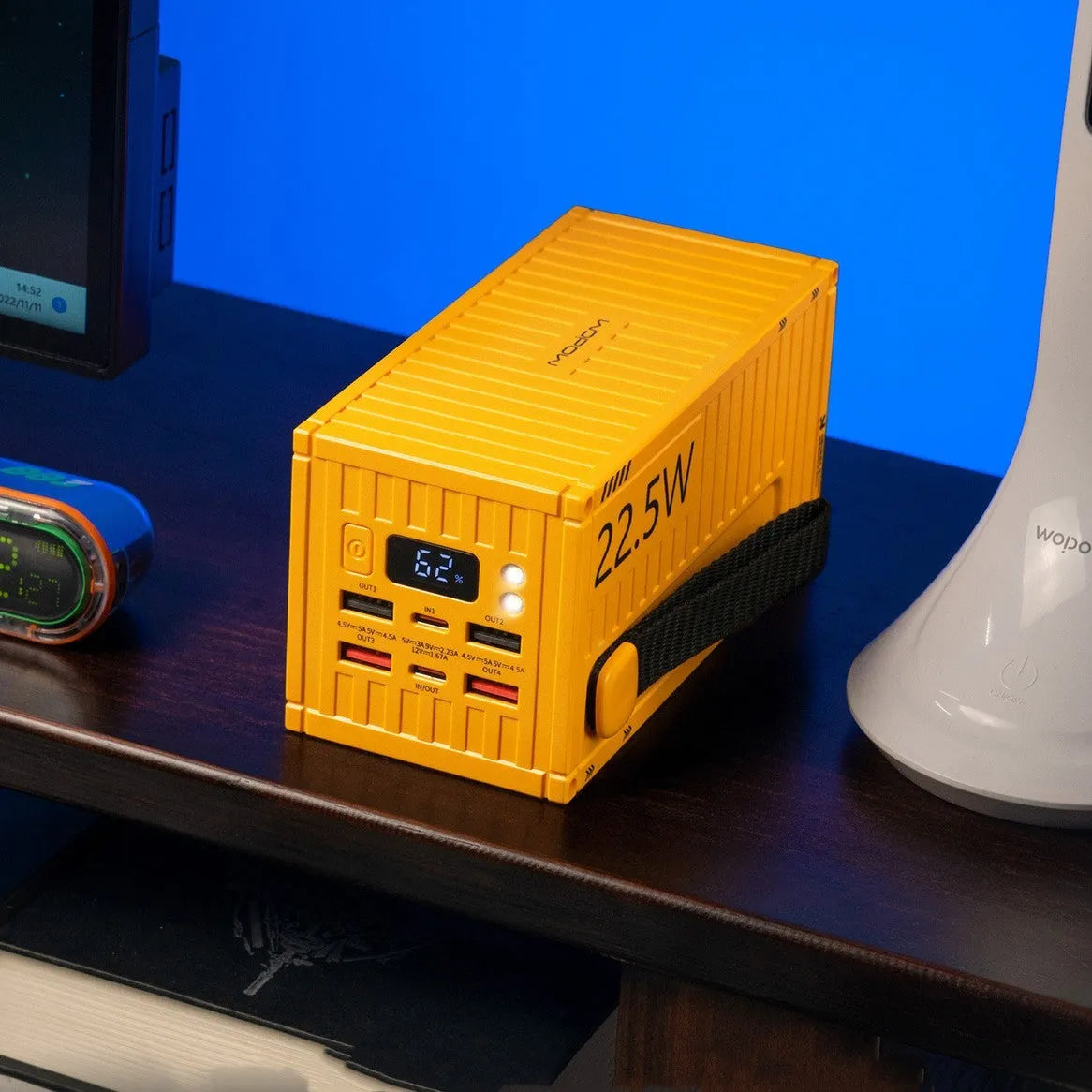 Large 50000mAh outdoor power bank with digital display and five output ports in yellow plastic case