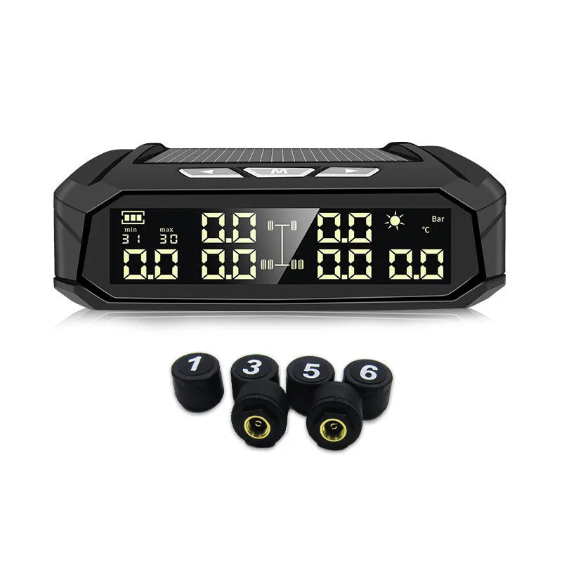 Solar external tyre pressure monitor display unit with colour screen next to six wireless sensors