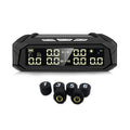 Solar external tyre pressure monitor display unit with colour screen next to six wireless sensors