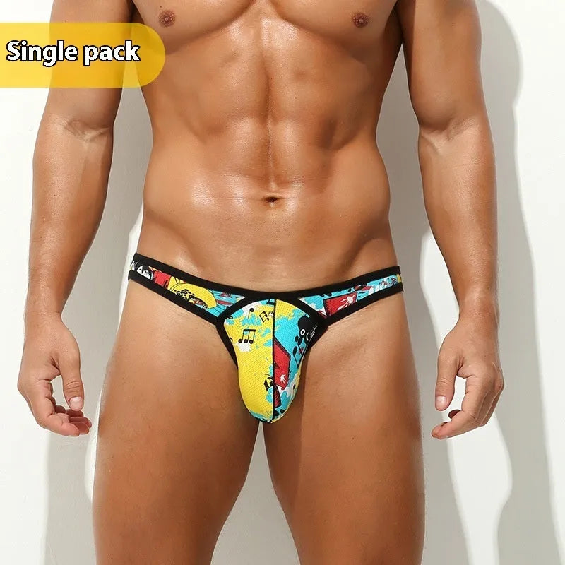 Men's low waist T-back underwear with music rock print in nylon knit fabric