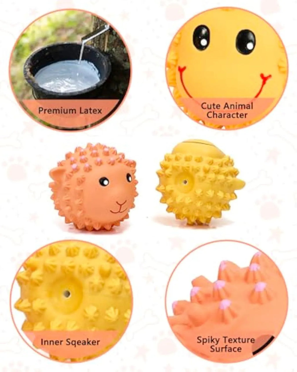 Set of four orange and yellow spiky latex animal dog toys with squeakers.
