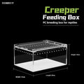 Clear acrylic reptile feeding box showing dimensions for small, medium, large, extra large, and arboreal sizes.