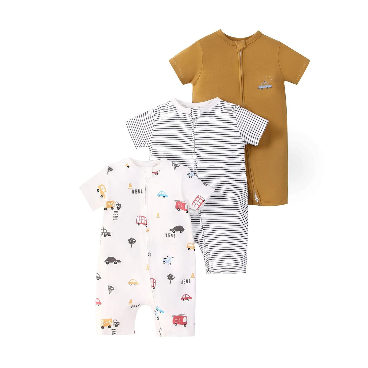 Three baby jumpsuits with short sleeves and double-headed zipper in cotton fabric, featuring animal and stripe patterns