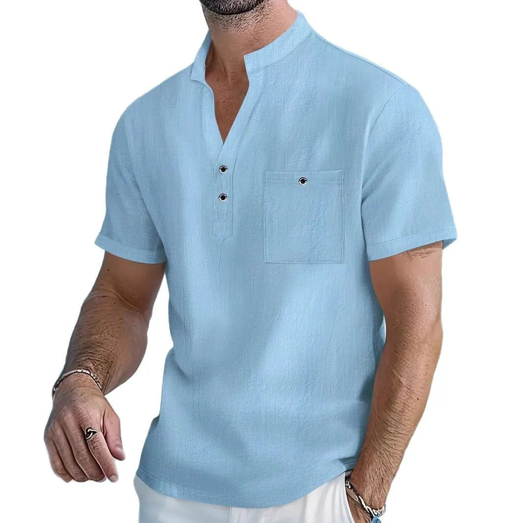 Men's light blue linen short-sleeve shirt with a stand collar and loose pullover fit