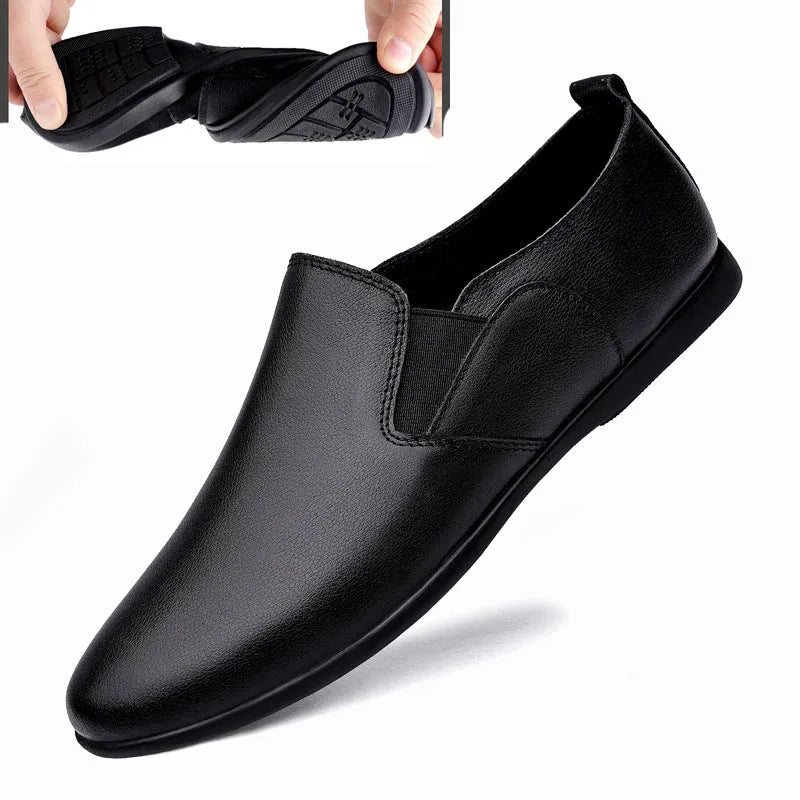 Men's black leather business shoes with rounded toe and breathable construction on size guide