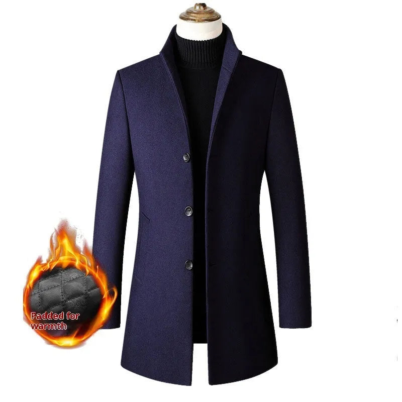 Men's single-breasted stand collar wool blend padded winter coat in solid colour, side seam pockets, S to 3XL sizes