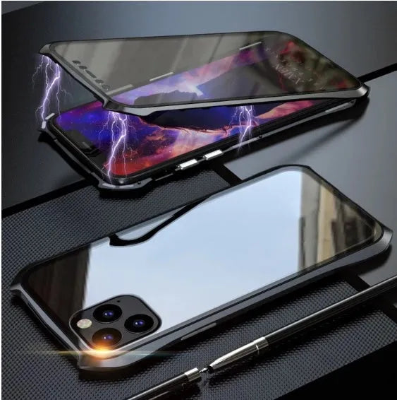 Metal and glass magnetic protective phone cover for iPhone 11 series in black, red, blue, and silver colours.