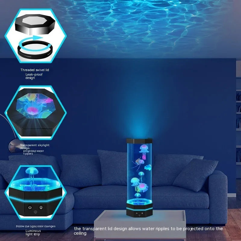 Jellyfish lava lamp 15 inch with 17 colour remote control and USB plug-in, shown in black or silver.