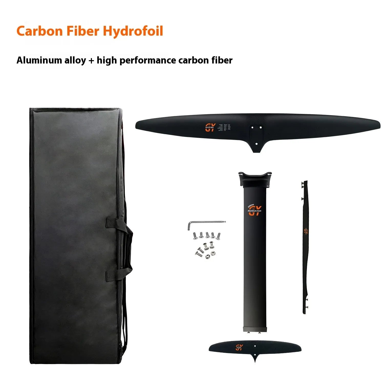 Black carbon fibre surfing hydrofoil with 1051mm front wing for racing applications