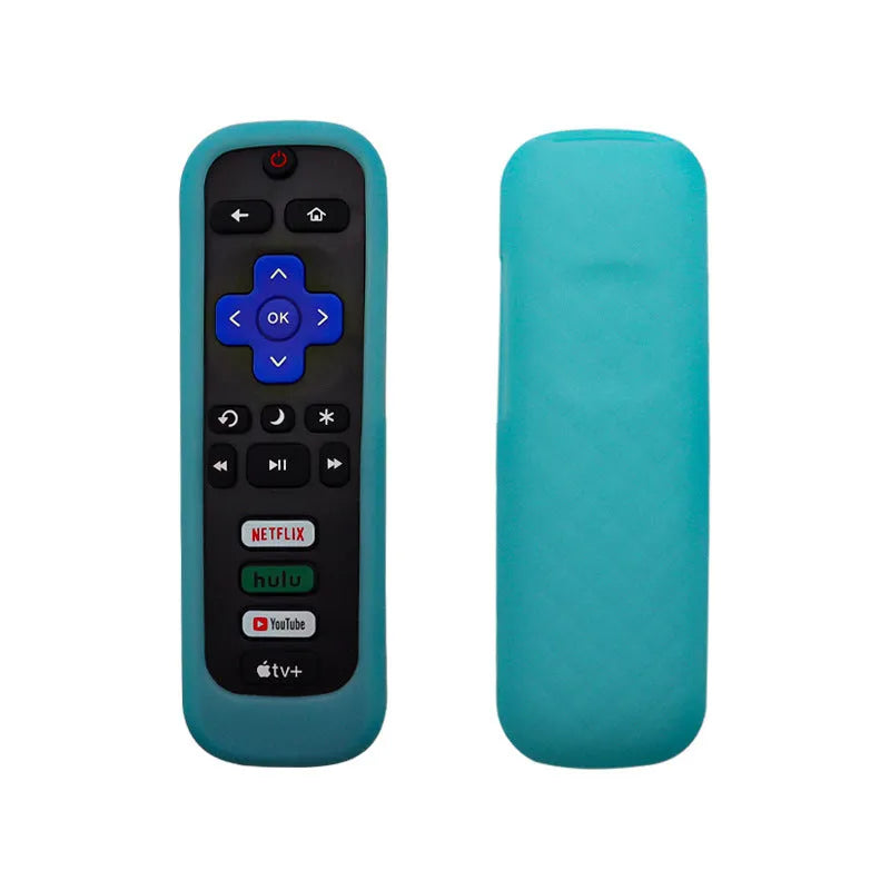 Luminous silicone remote control protective sleeve for daily use, long shape, available in blue, green, purple, and pink colours.
