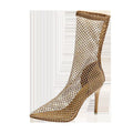 Gold high heel sandals with mesh upper and pointed stiletto design