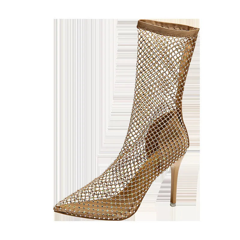 Gold high heel sandals with mesh upper and pointed stiletto design
