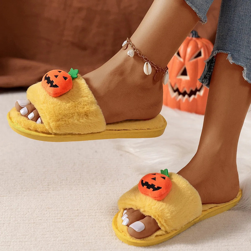 Women's white and yellow pumpkin cartoon plush open toe slippers on anti-slip PVC sole.