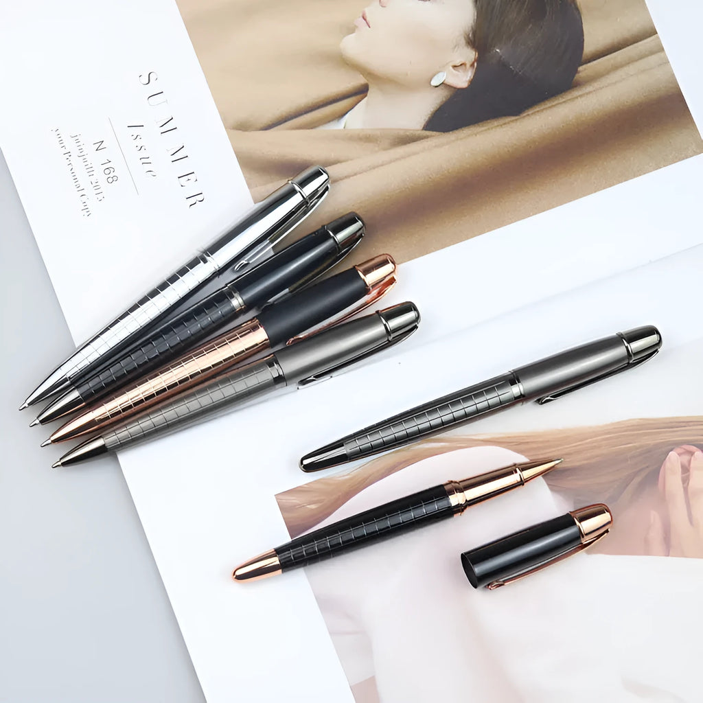 Gun grey metal rollerball pen for office use, shown with refillable ink cartridge options.