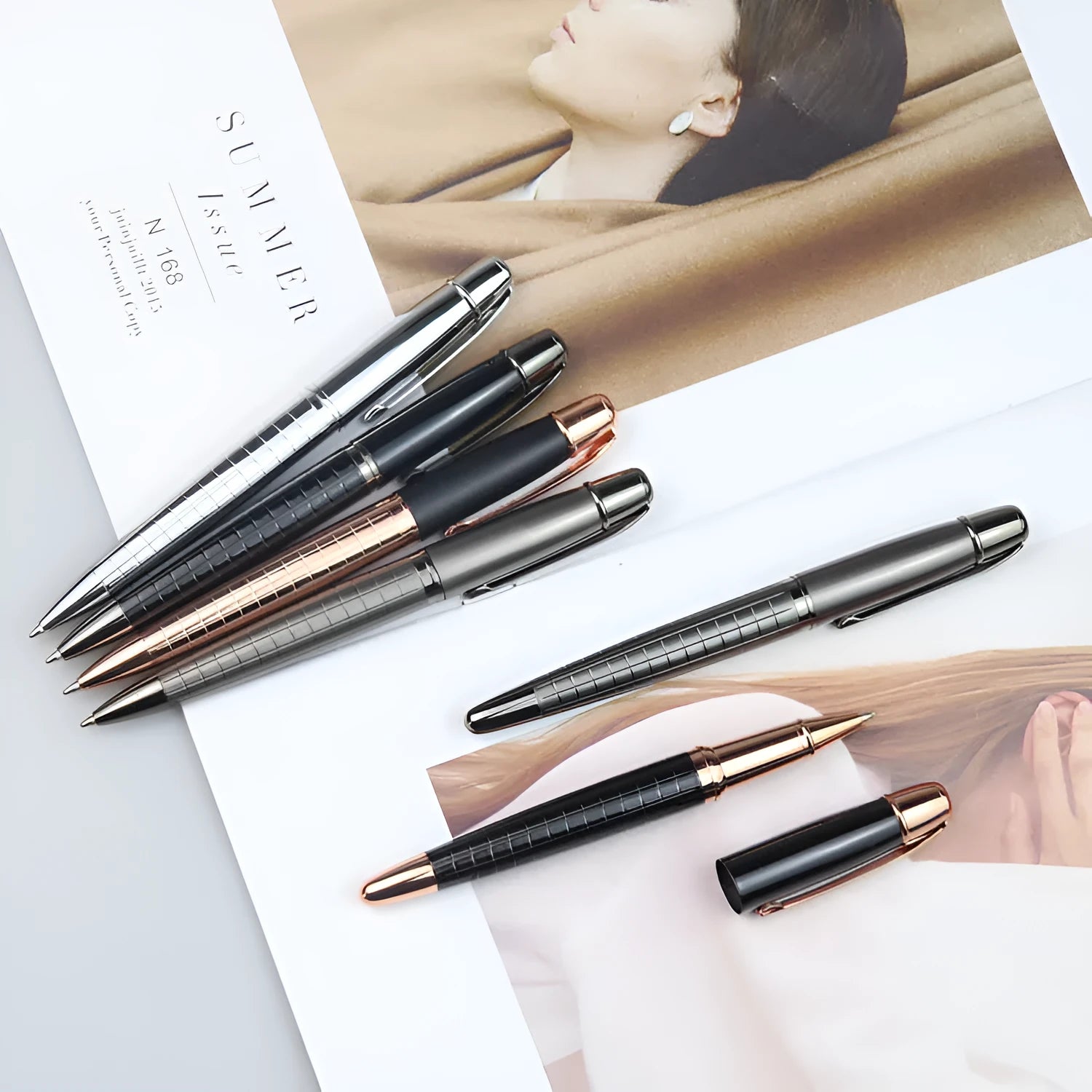 Gun grey metal rollerball pen for office use, shown with refillable ink cartridge options.