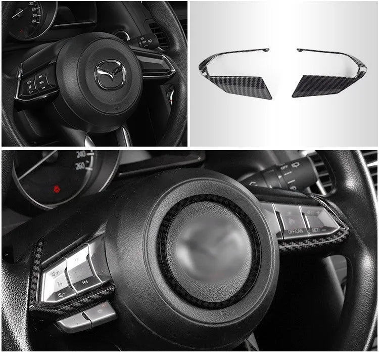 Pair of left and right ABS steering wheel frame trims with carbon fibre pattern for adhesive installation.