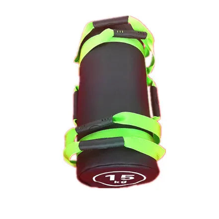 Flat white PVC fitness training sandbag for weight lifting in various sizes from 5kg to 30kg.