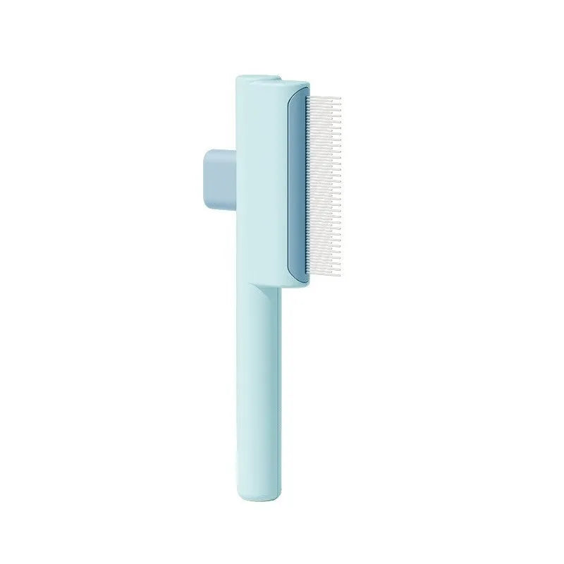Pet comb with one-click hair removal and knot opening, ABS material, 19x7cm size, dense gear style in white.