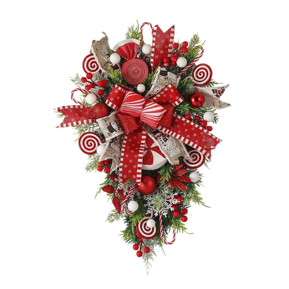 Artificial Christmas candy upside down tree garland in plastic, 50cm size, with yellow ribbon loops for hanging