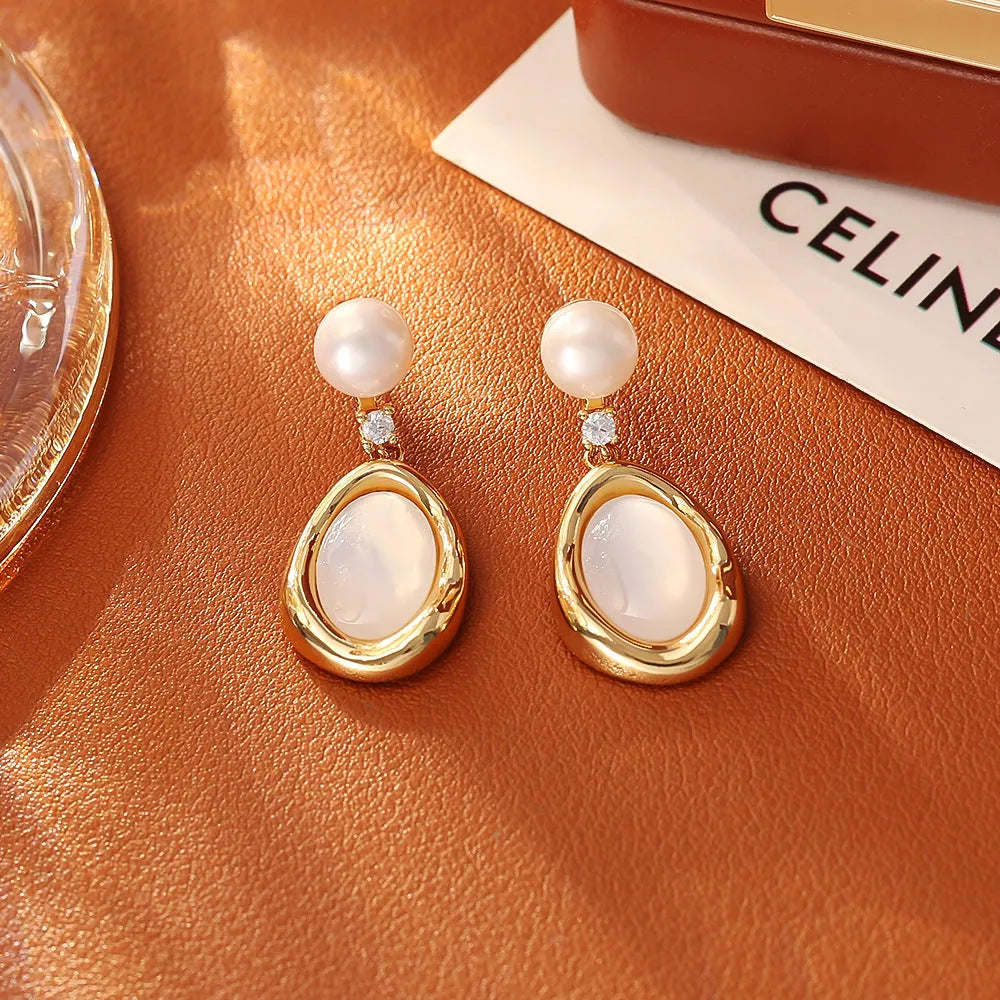 Geometric ellipse gold plated copper ear studs for women, simple ins style earrings