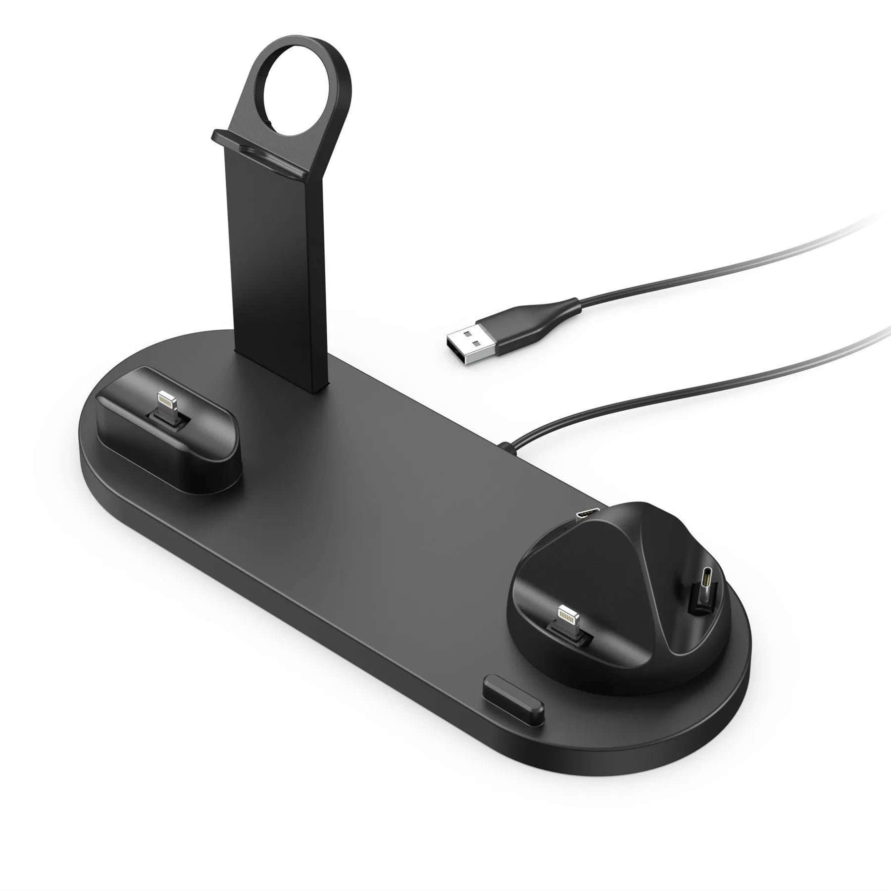 Black 3-in-1 charging stand holding a mobile phone, a headset, and a smartwatch on a desk.