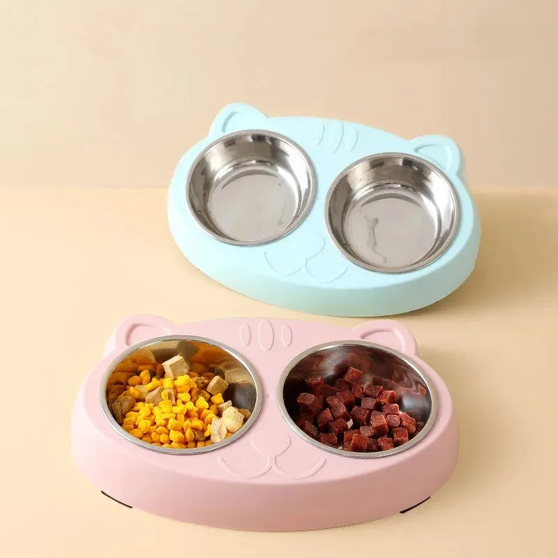 Blue plastic double-bowl pet feeder with non-slip rubber feet for cat or small dog food and water