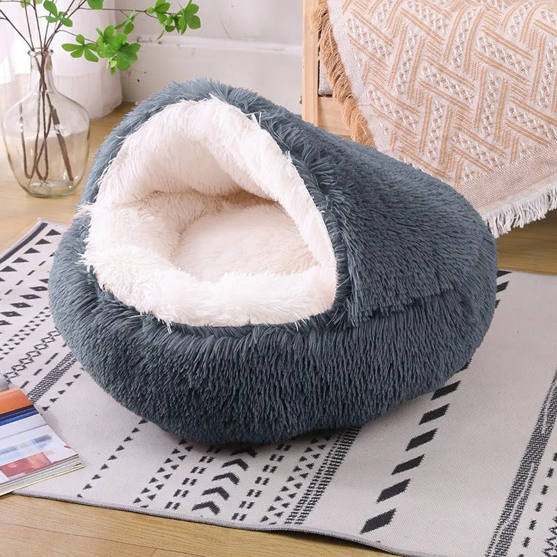 Plush shell nest crystal fleece cat bed in gradient grey colour, soft fabric thick warm bed for cats